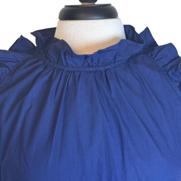 MAZIK Blue Ruffled Collar and Sleeves Tiered Mini Short Dress 100% Cotton Sz M - Picture 2 of 12